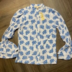 Michael Kors Blouse Womens XS White Blue Coral Print Long Sleeve Ruffle Bell Top